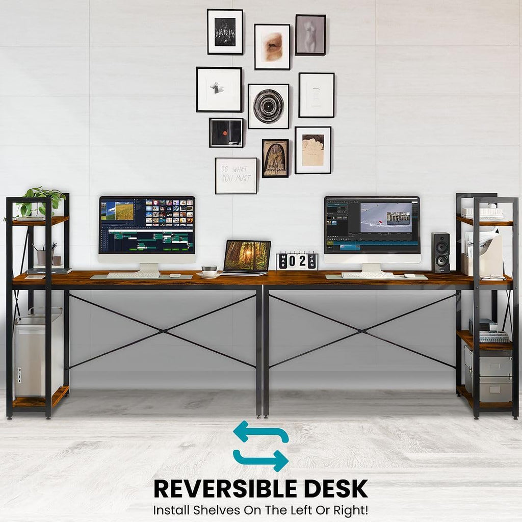 Craques computer desk with shelves in black metal frame and wood top showing reversible setup with dual monitors and decor