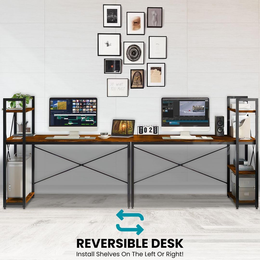 Craques computer desk with shelves in black metal frame and wood top showing reversible setup with dual monitors and decor