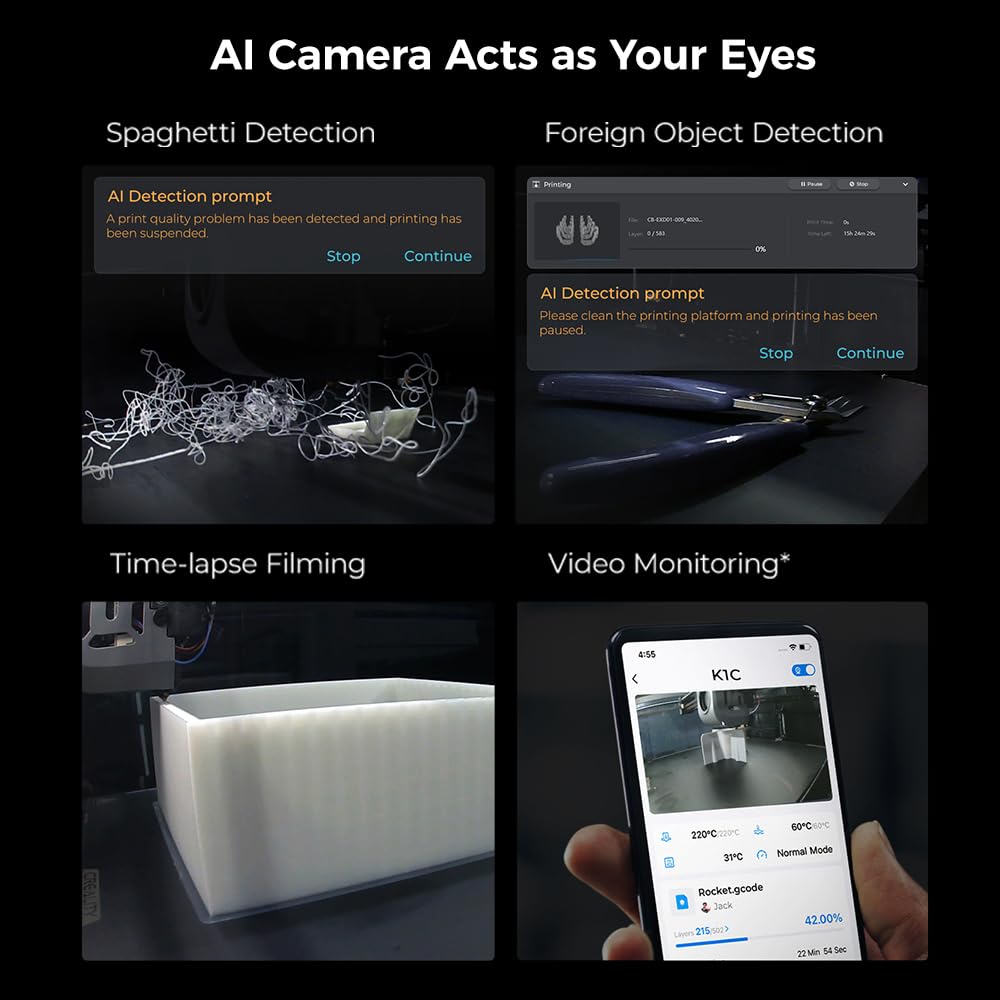 Creality K1C 3D printer AI camera detecting spaghetti and foreign objects with time-lapse filming and video monitoring