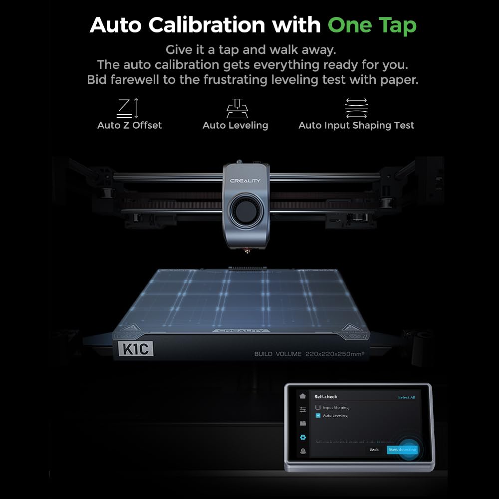 Creality K1C 3D printer with auto calibration one tap feature and touchscreen control panel