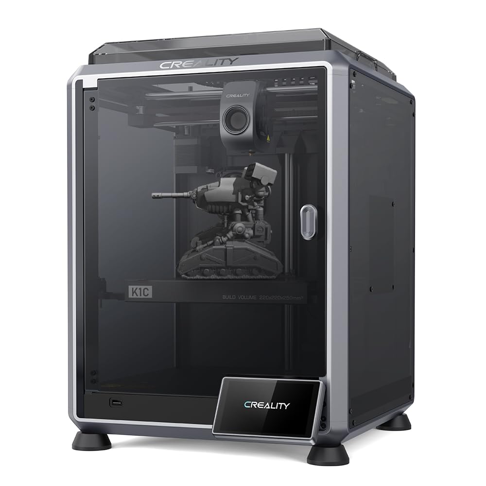 Creality K1C 3D printer with enclosed design and touchscreen display printing a detailed model