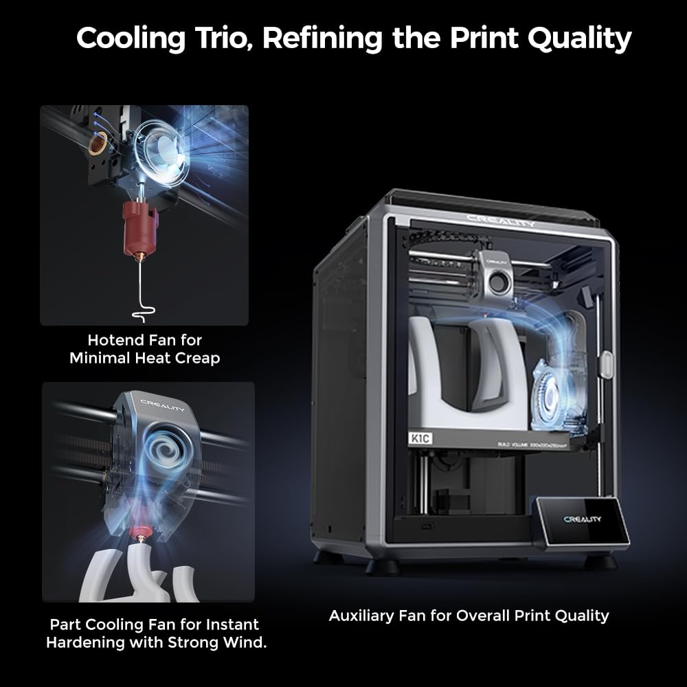 Creality K1C 3D printer with cooling trio fans including hotend fan, part cooling fan, and auxiliary fan for refined print quality