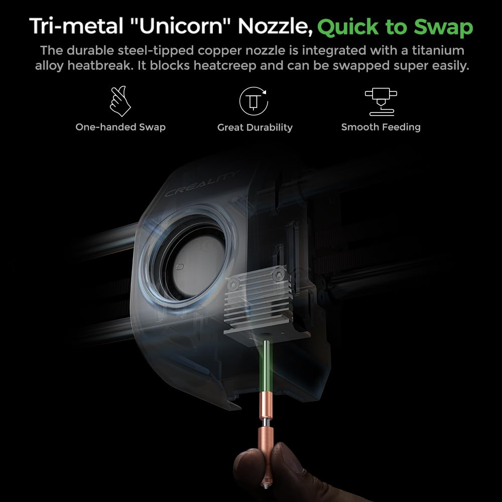 Creality K1C 3D printer tri-metal Unicorn nozzle with quick swap feature and durable steel-tipped copper design