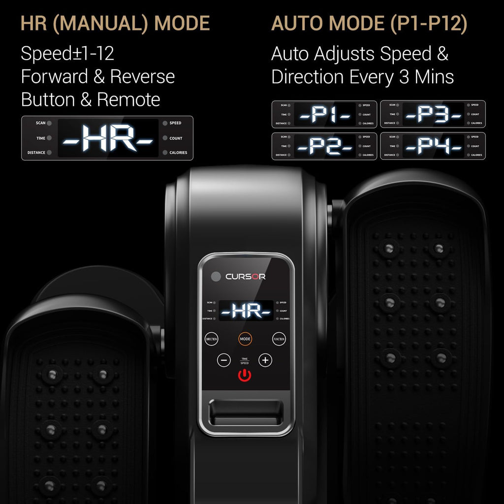 Craques under desk elliptical machine with digital display showing HR manual and auto mode settings