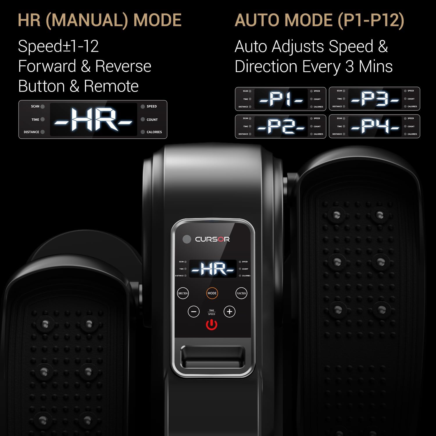 Craques under desk elliptical machine with digital display showing HR manual and auto mode settings