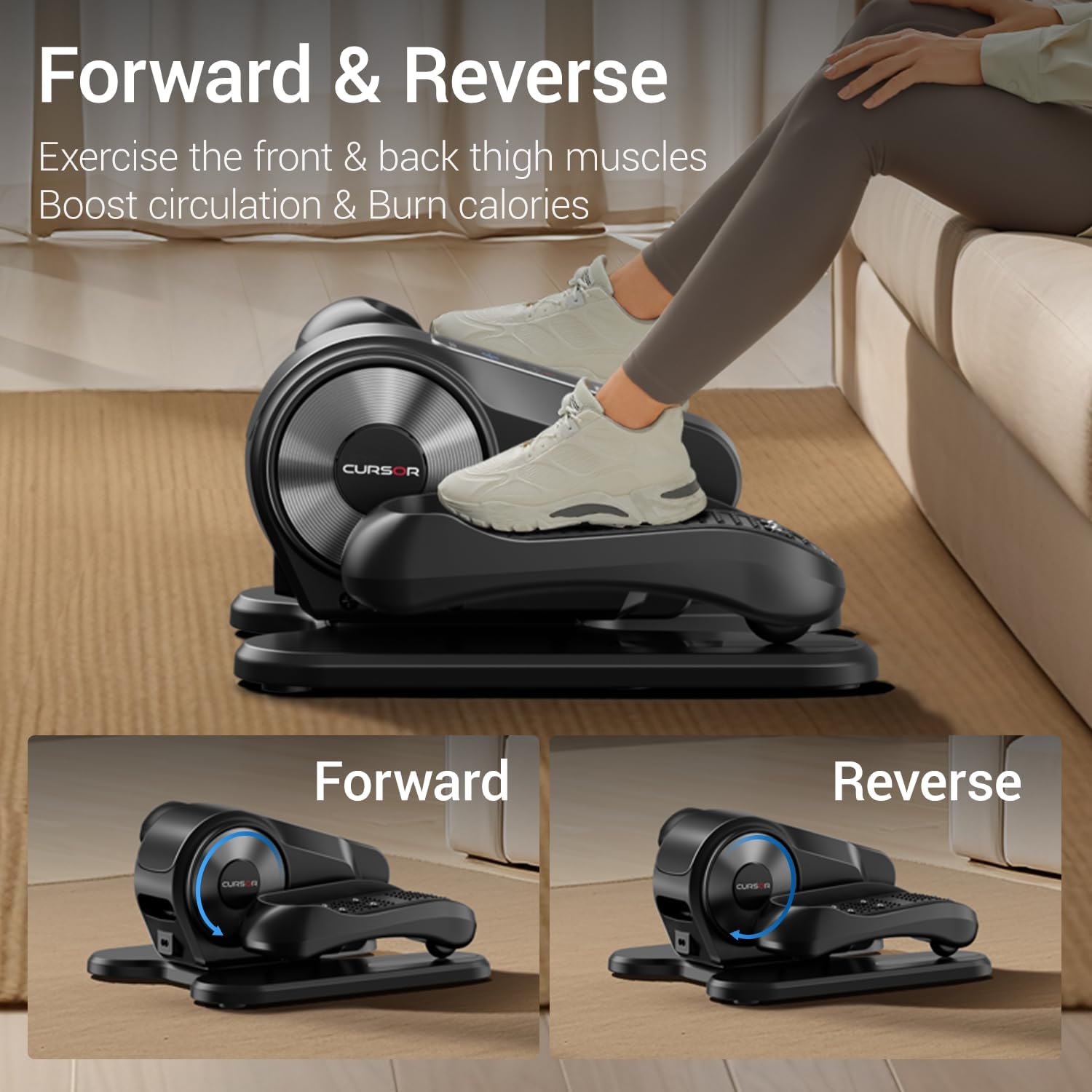 Under desk elliptical machine by craques showing forward and reverse pedal motion for exercising thigh muscles