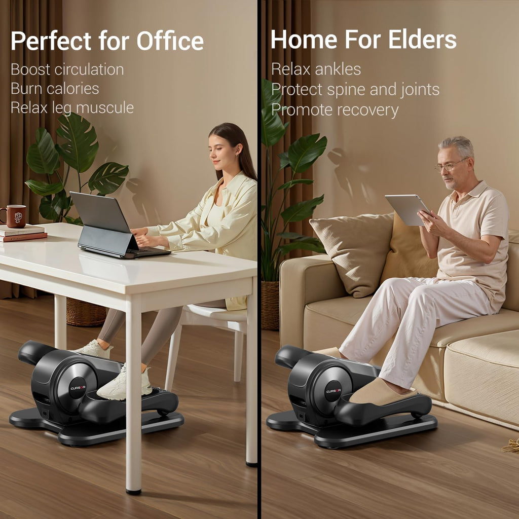 craques under desk elliptical machine used by woman working at office desk and elderly man relaxing on sofa
