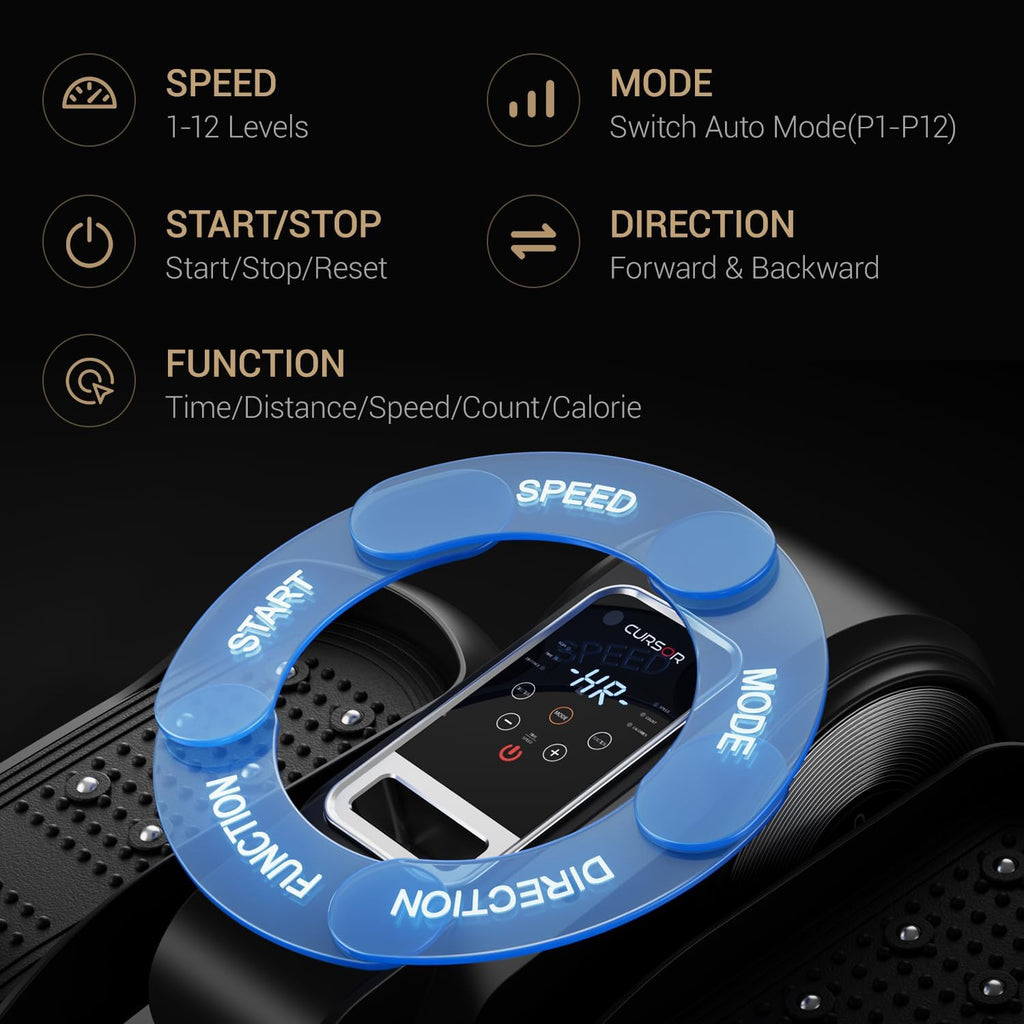 Control panel of craques under desk elliptical machine with speed, mode, start stop, direction and function buttons