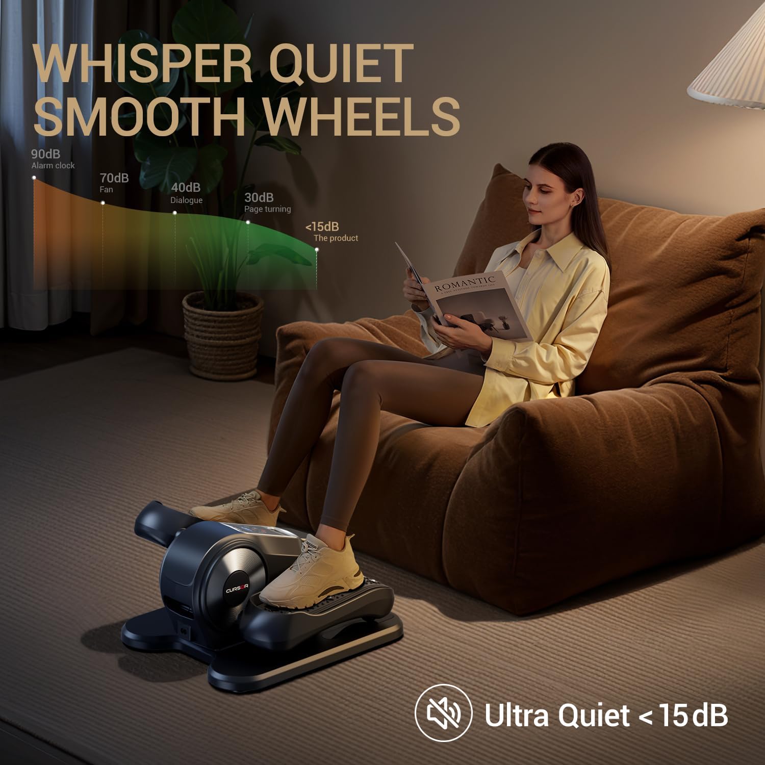 craques under desk elliptical machine in use by woman sitting on couch with whisper quiet smooth wheels