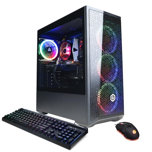 CYBERPOWERPC Gamer Xtreme VR gaming PC with RGB lighting, keyboard, and gaming mouse setup