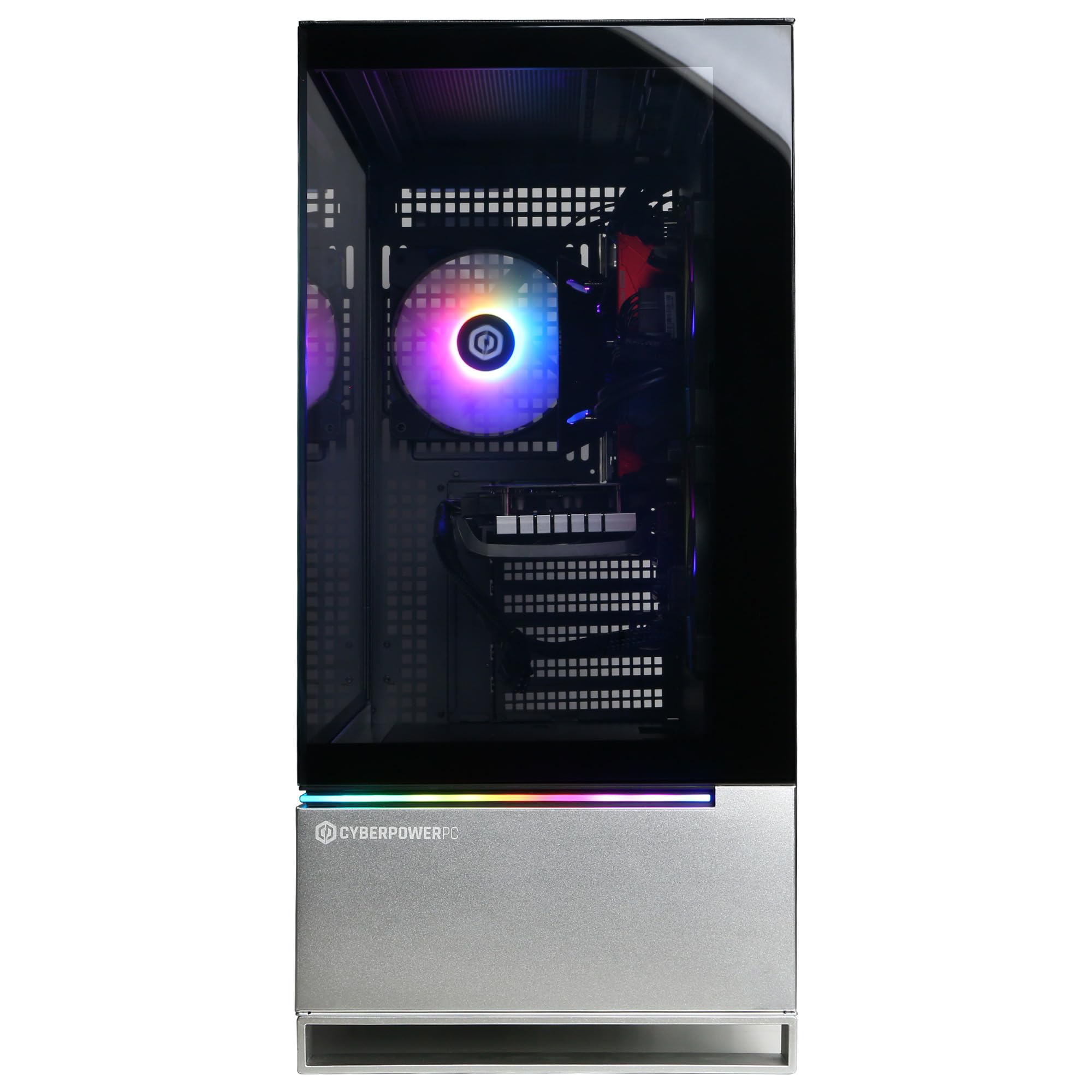CYBERPOWERPC Gamer Xtreme VR gaming PC with sleek black and silver design and RGB lighting visible inside