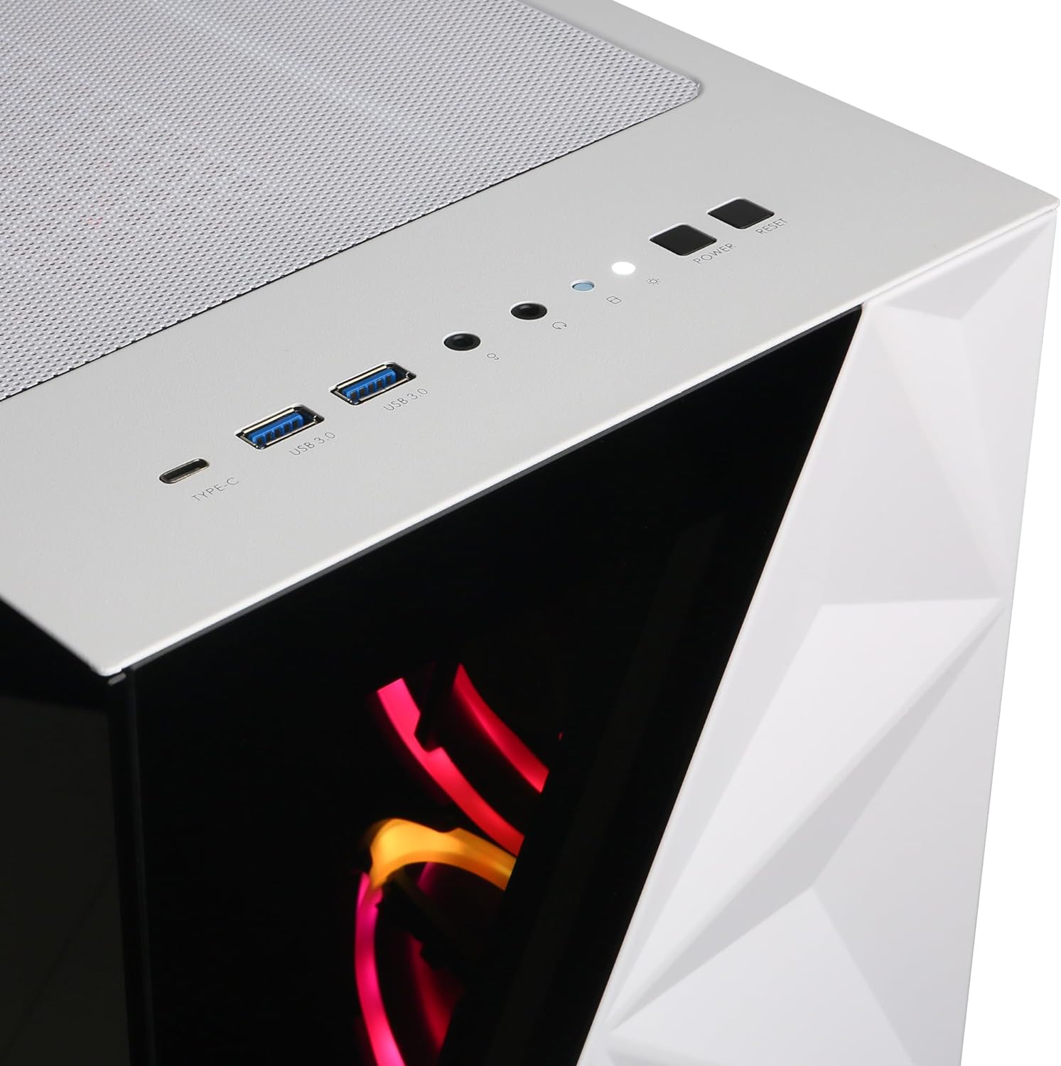 Close-up of CYBERPOWERPC Gamer Xtreme VR Gaming PC white case with USB ports and illuminated interior fans
