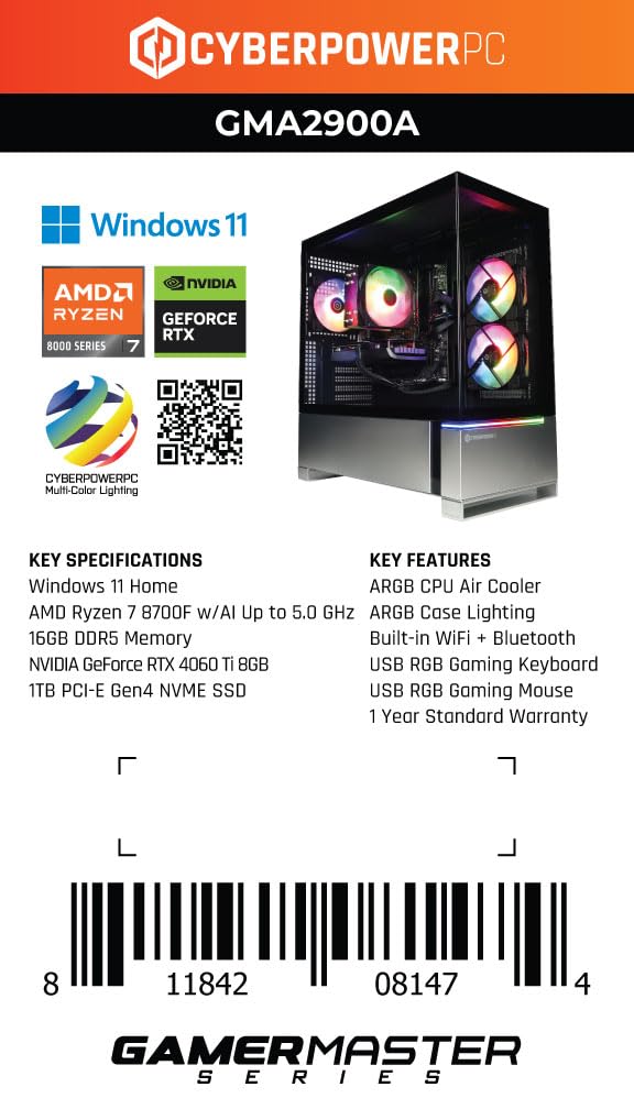 High performance gaming PC CyberPowerPC GMA2900A with AMD Ryzen 7, NVIDIA GeForce RTX, ARGB lighting, and Windows 11