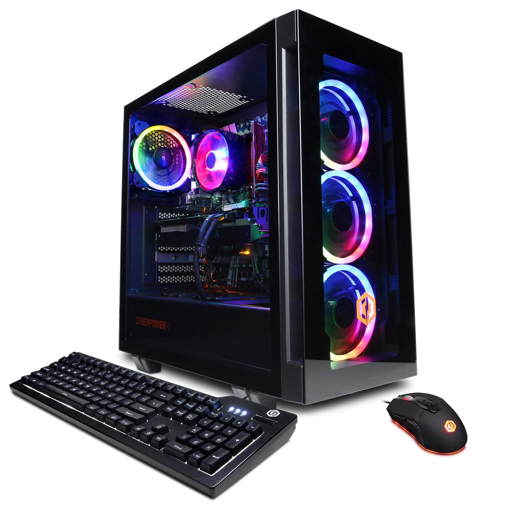 craques high performance gaming pc with RGB-lit cooling fans, black keyboard, and gaming mouse