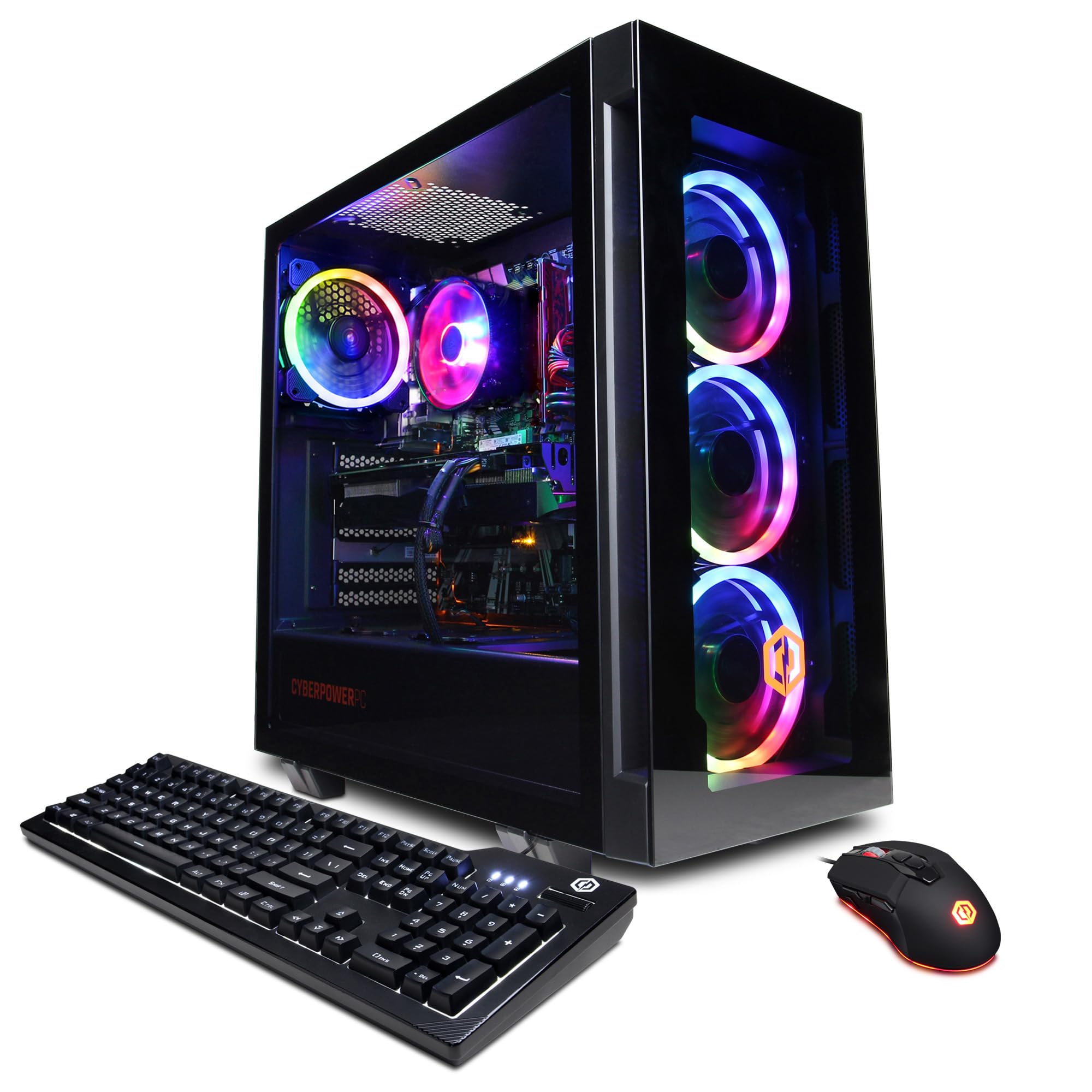 craques high performance gaming pc with RGB-lit cooling fans, black keyboard, and gaming mouse