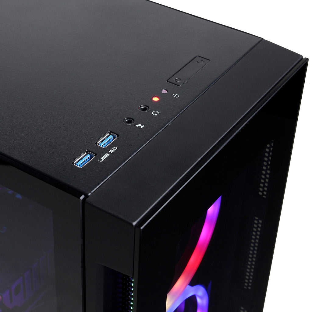 Close-up of craques high performance gaming pc showing USB 3.0 ports and RGB lighting on black case
