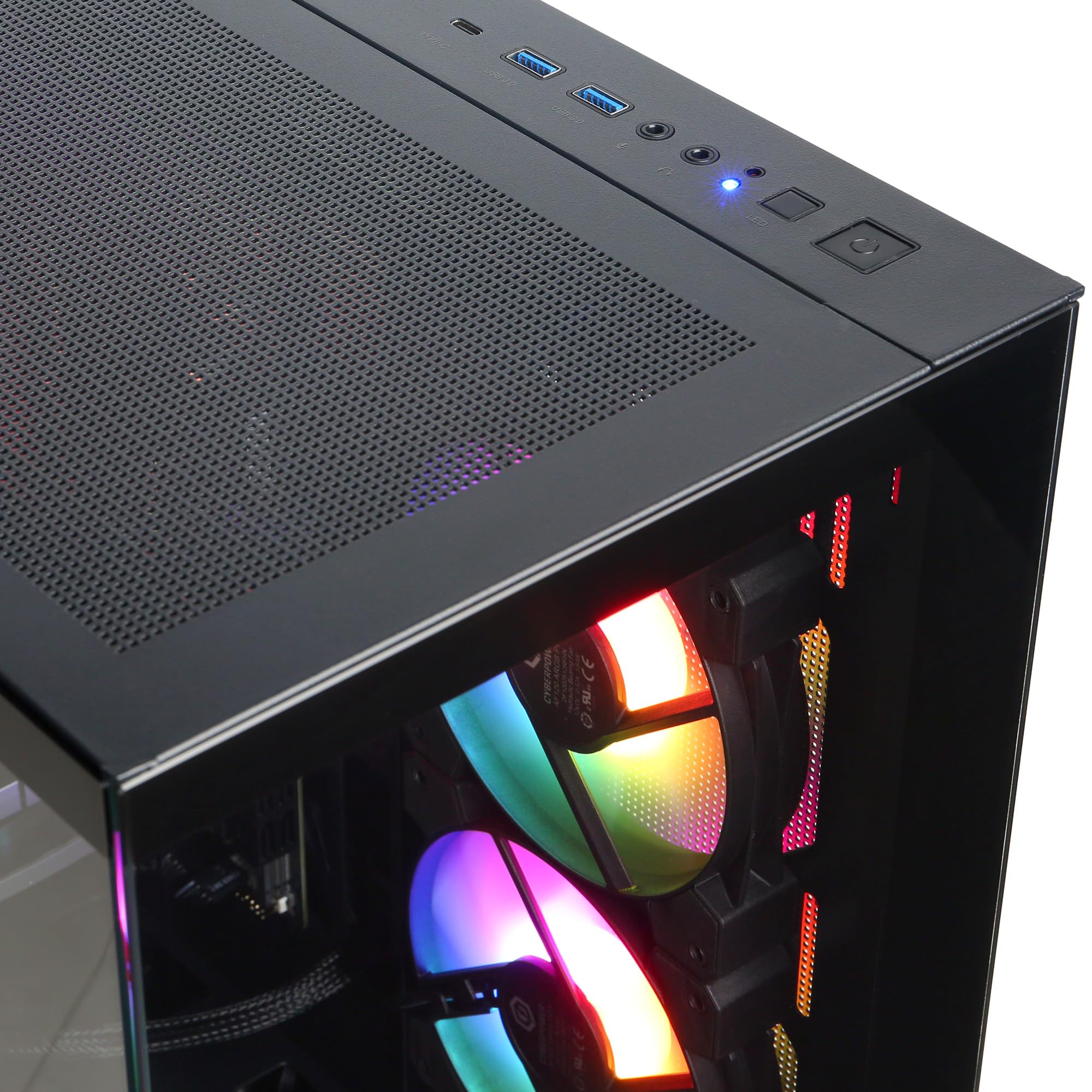 Craques high performance gaming pc with RGB cooling fans and multiple USB ports on top panel