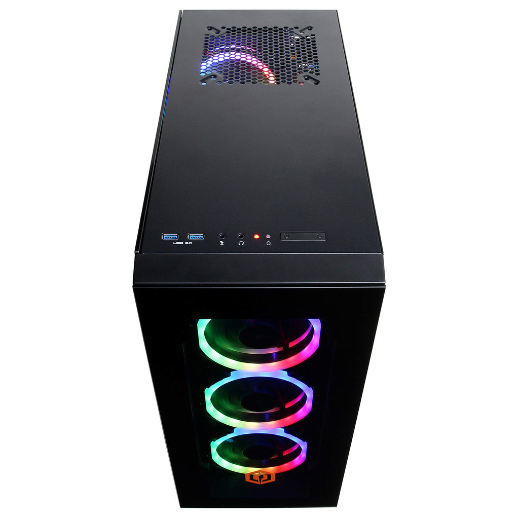 Craques high performance gaming pc with black case and RGB cooling fans visible from front and top