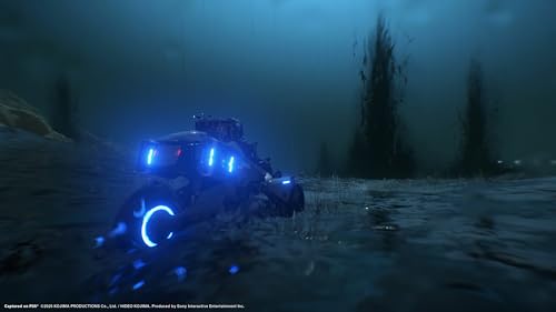 Death Stranding 2 Collector's Edition PS5 gameplay scene featuring a character with glowing blue equipment in a dark, eerie landscape