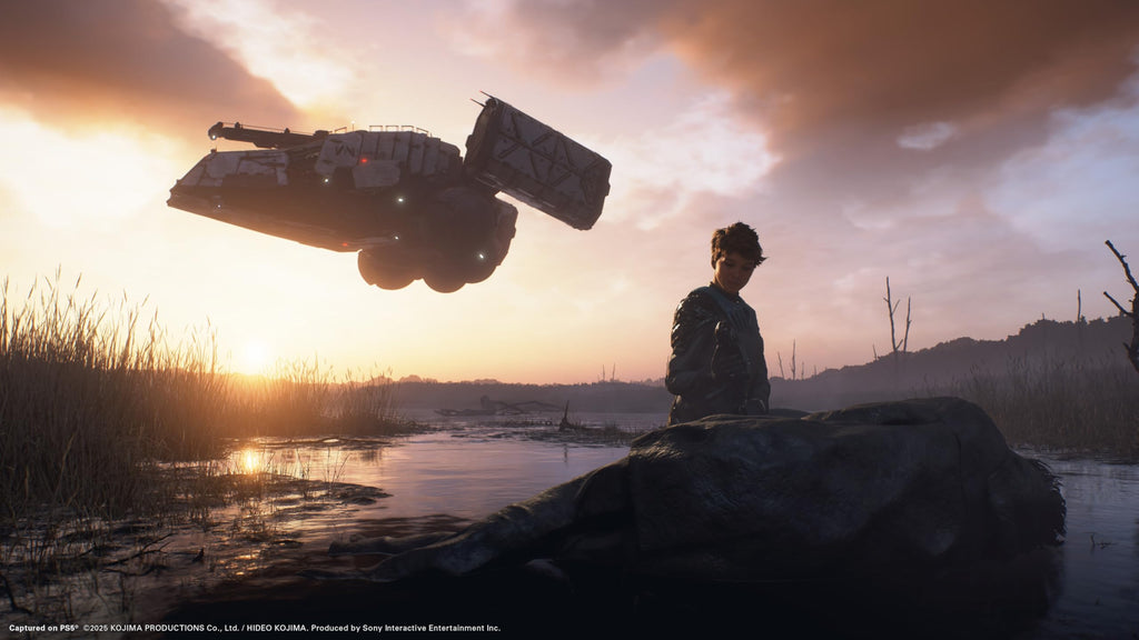Scenic sunset scene from Death Stranding 2 Collector's Edition PS5 featuring character and futuristic flying vehicle