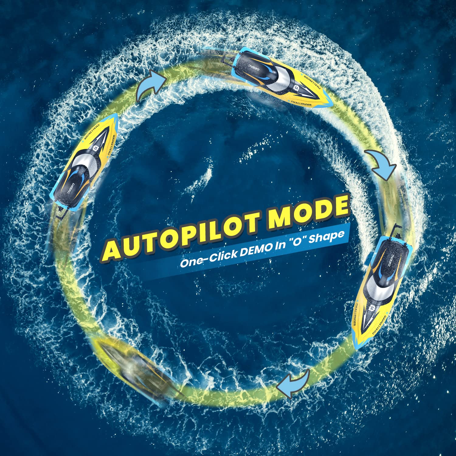 Fast remote control boat for kids performing a circular autopilot mode demo on water