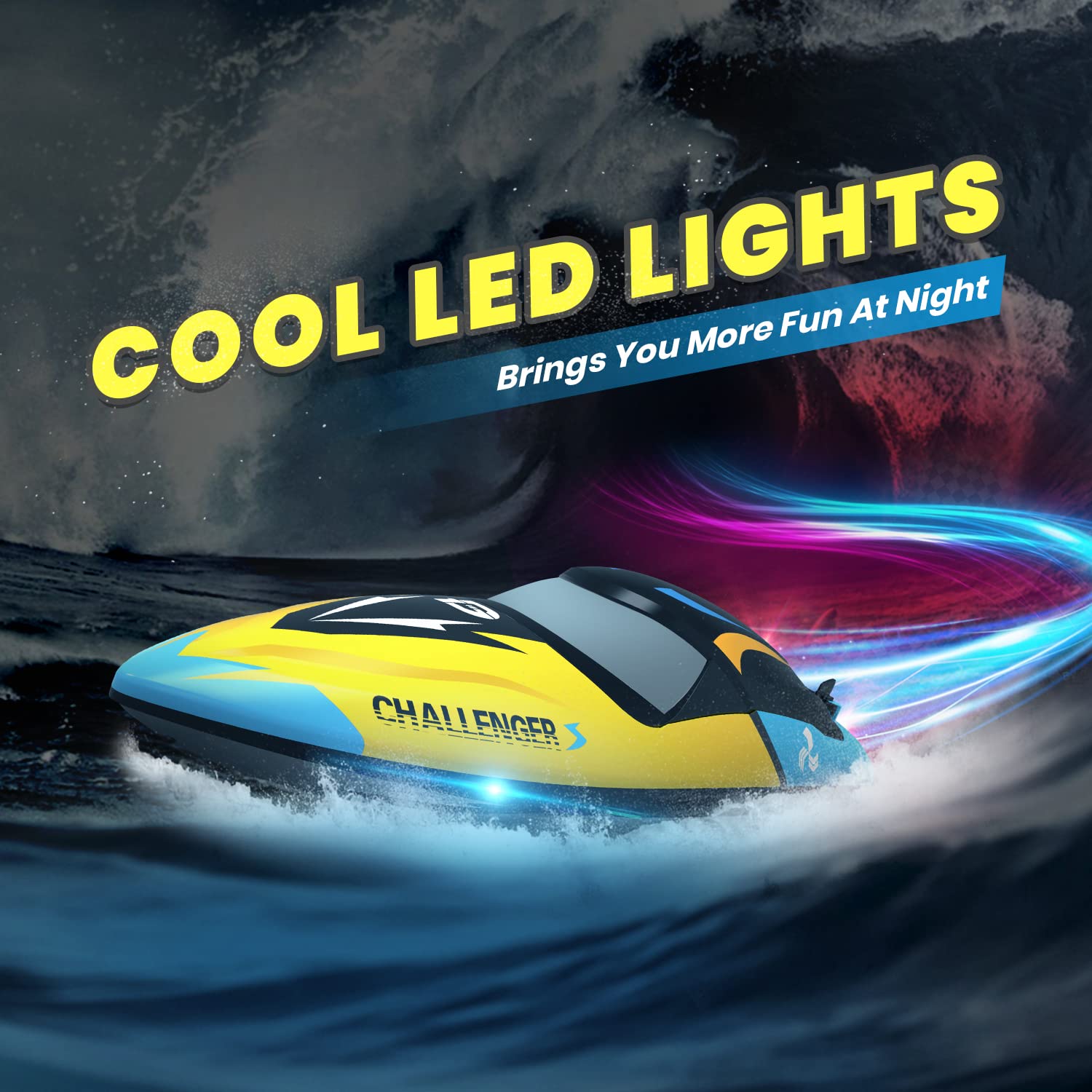 Craques fast remote control boat for kids with cool LED lights for night fun in blue and yellow