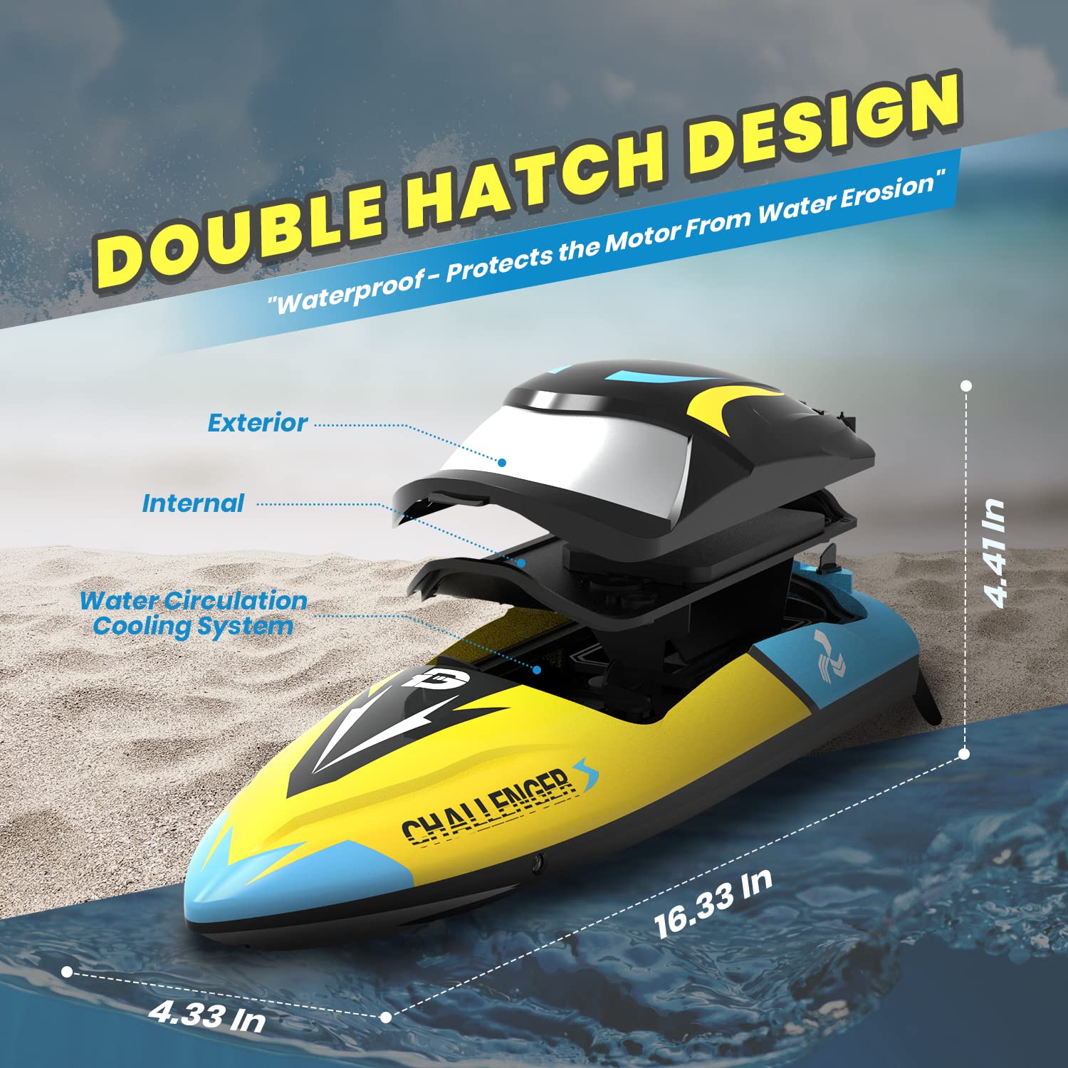 Craques fast remote control boat for kids with double hatch design and water circulation cooling system