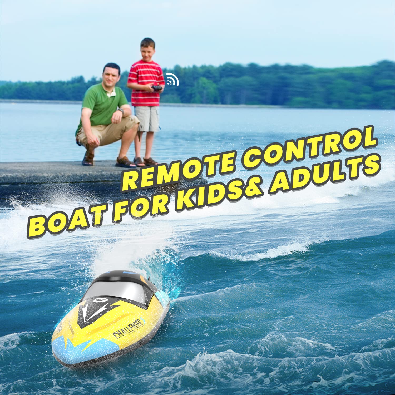 Fast remote control boat for kids speeding across water with child and adult operating it on shore