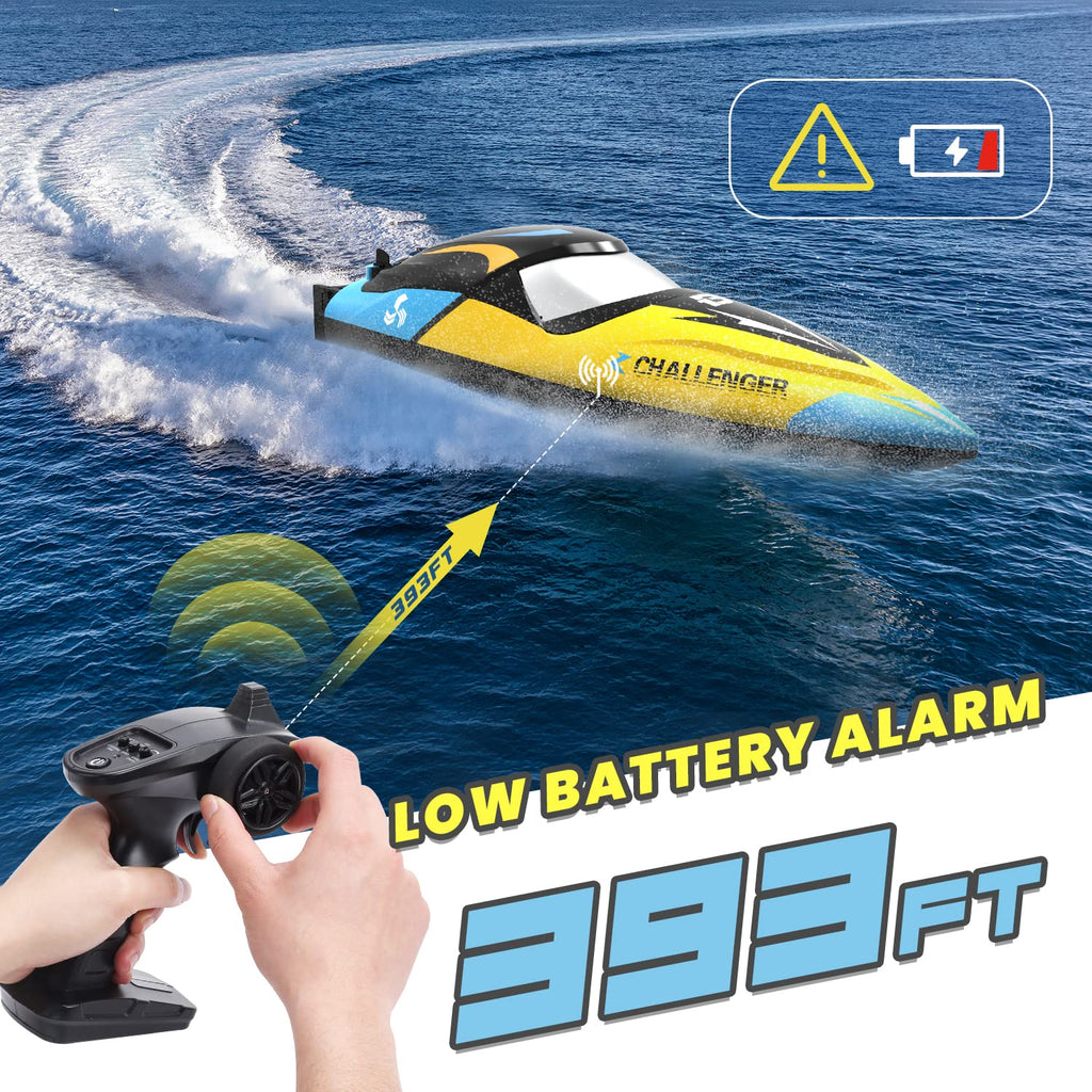 Fast remote control boat for kids in yellow and blue with 393 feet range and low battery alarm