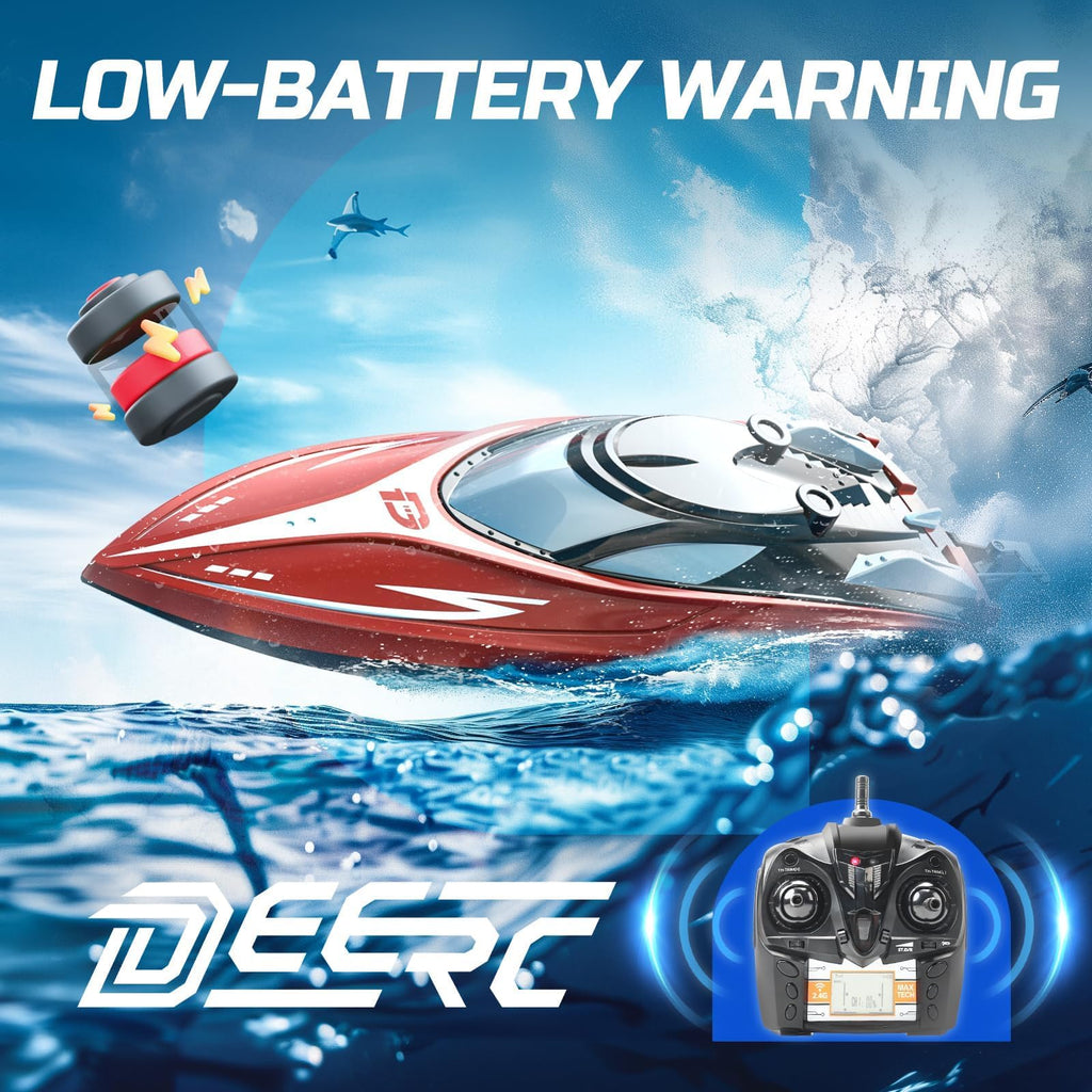 Craques fast remote control boat for kids in red with remote and low-battery warning feature on water