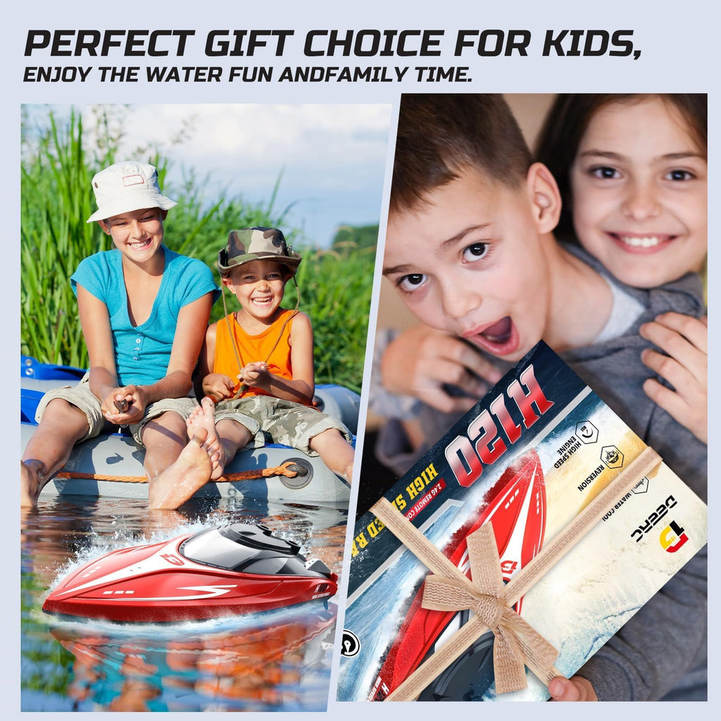 Happy kids playing with a fast remote control boat for kids on the water and holding the boat's packaging