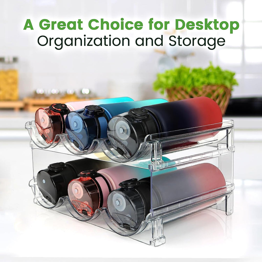 Clear plastic water bottle organizer for cabinet with two tiers holding six colorful bottles