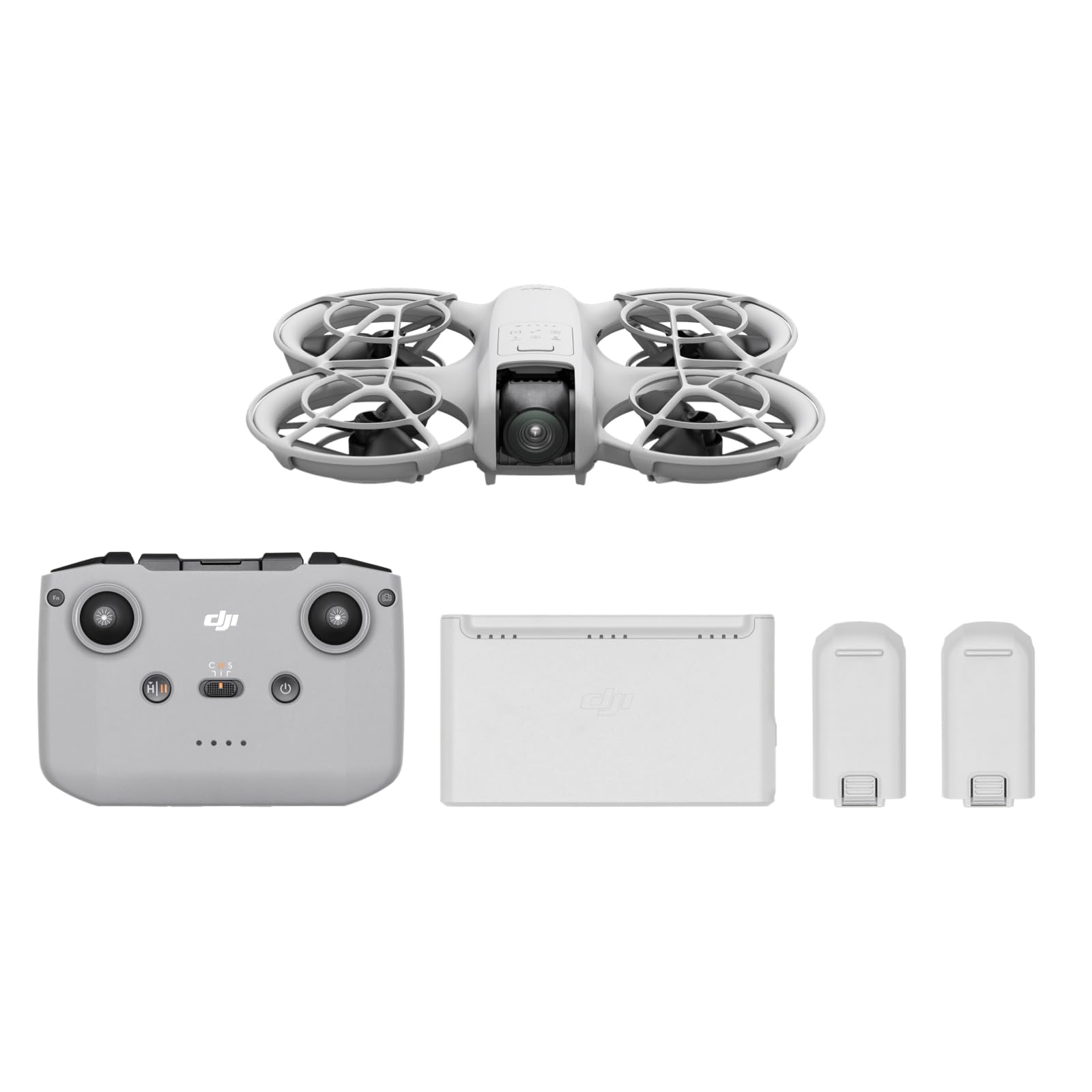 DJI Neo mini drone 4K UHD with remote controller, battery charger, and two extra batteries in gray