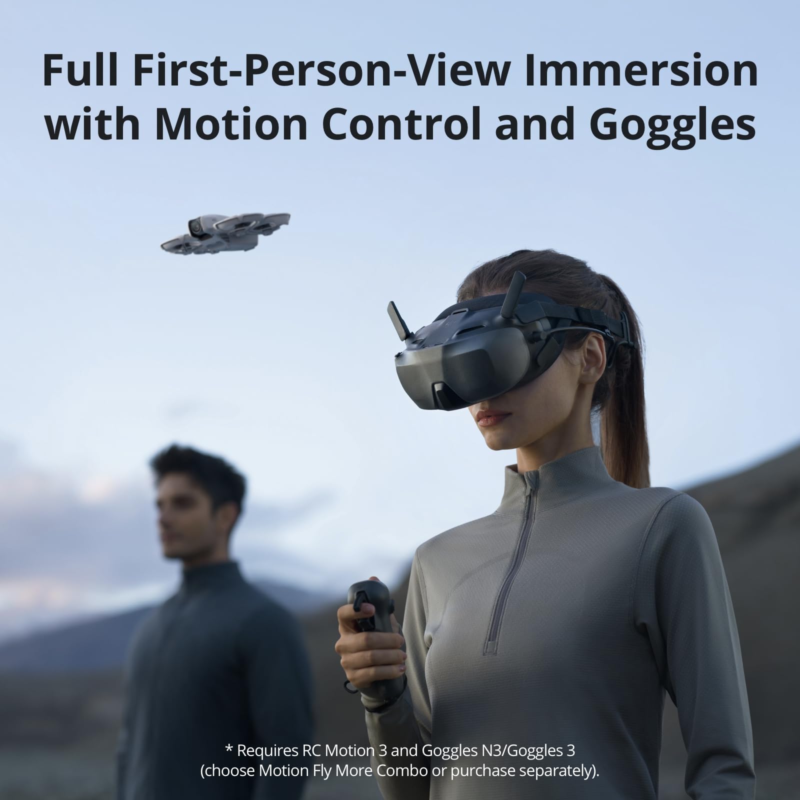 Woman wearing goggles and holding controller piloting DJI Neo mini drone 4K UHD for first-person-view immersion