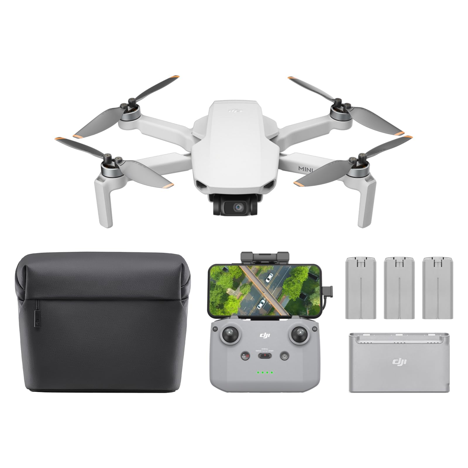 DJI Neo mini drone 4K UHD with remote controller, three batteries, charging hub, and black carrying case