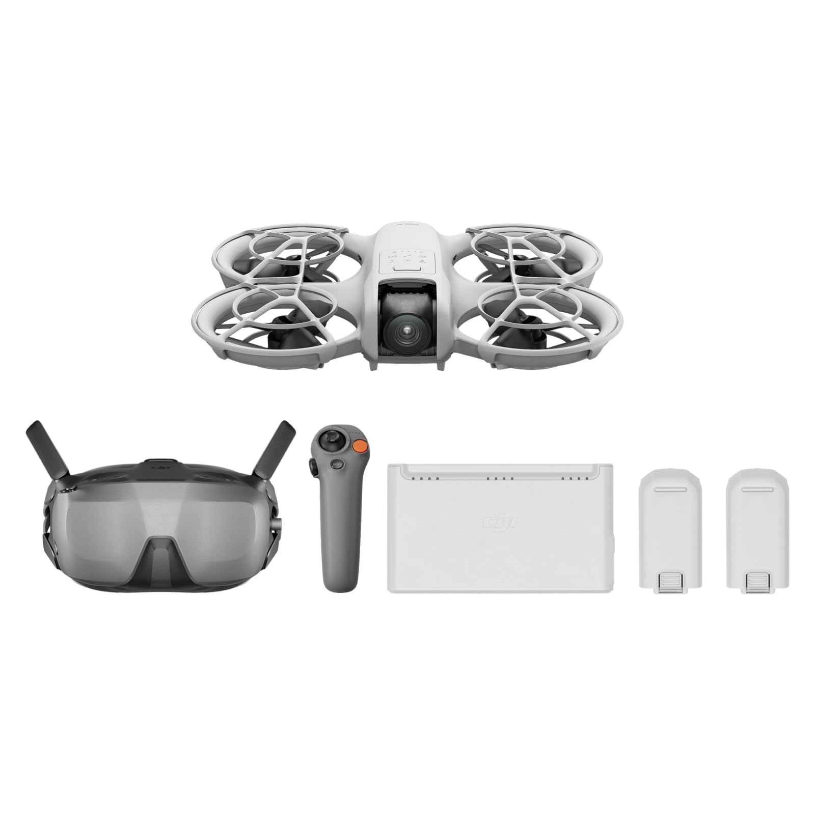 craques DJI Neo mini drone 4K UHD with remote controller, FPV goggles, battery charger, and two batteries