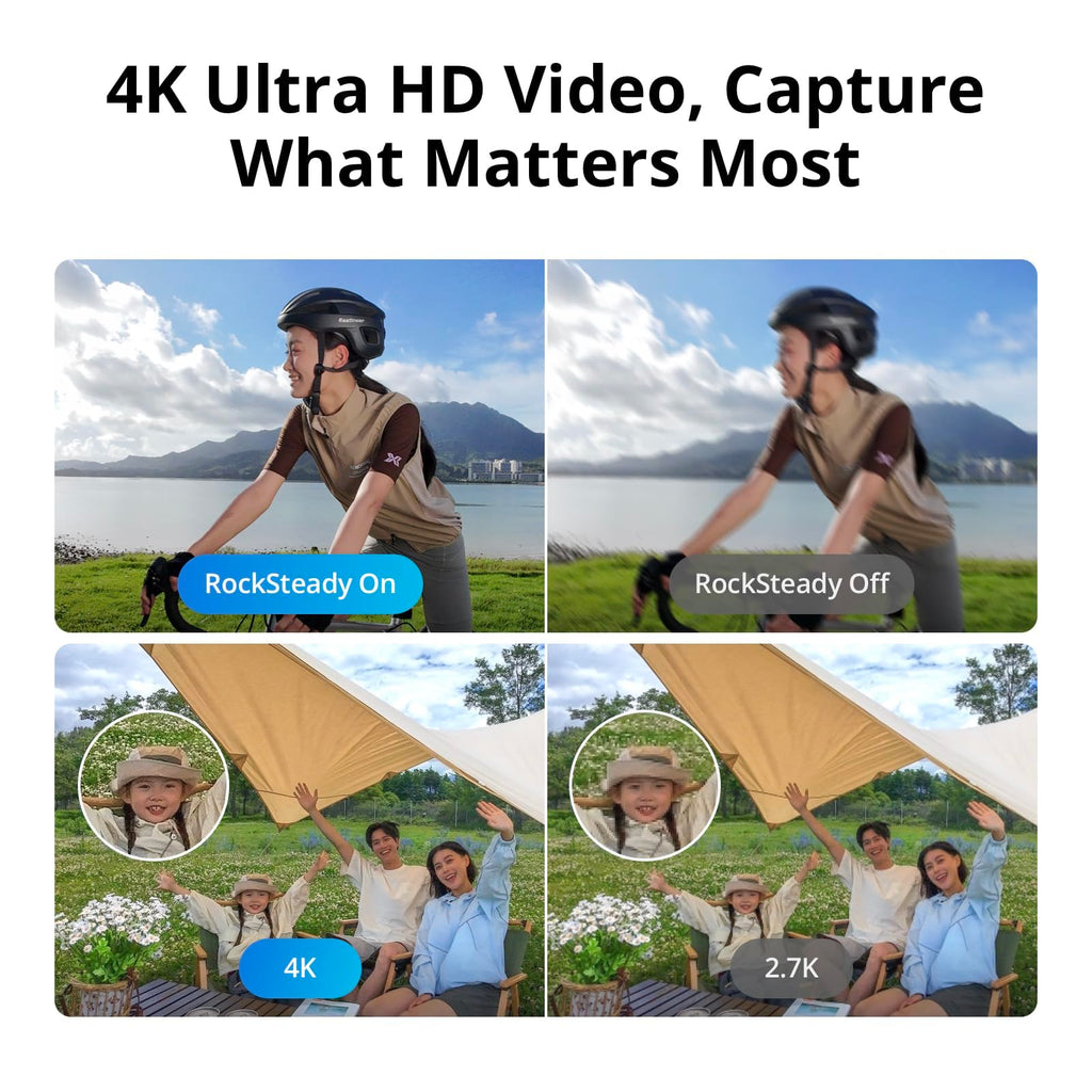 Comparison of 4K Ultra HD video quality with RockSteady on and off showcasing DJI Neo mini drone 4K UHD stabilization