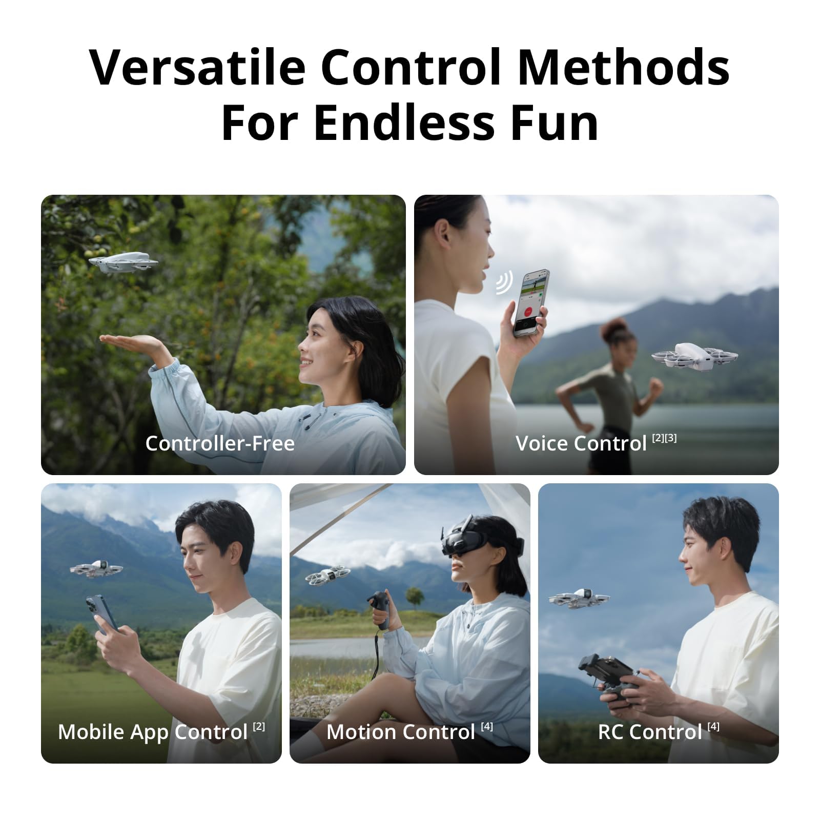 Versatile control methods for DJI Neo mini drone 4K UHD including controller-free, voice, mobile app, motion, and RC control