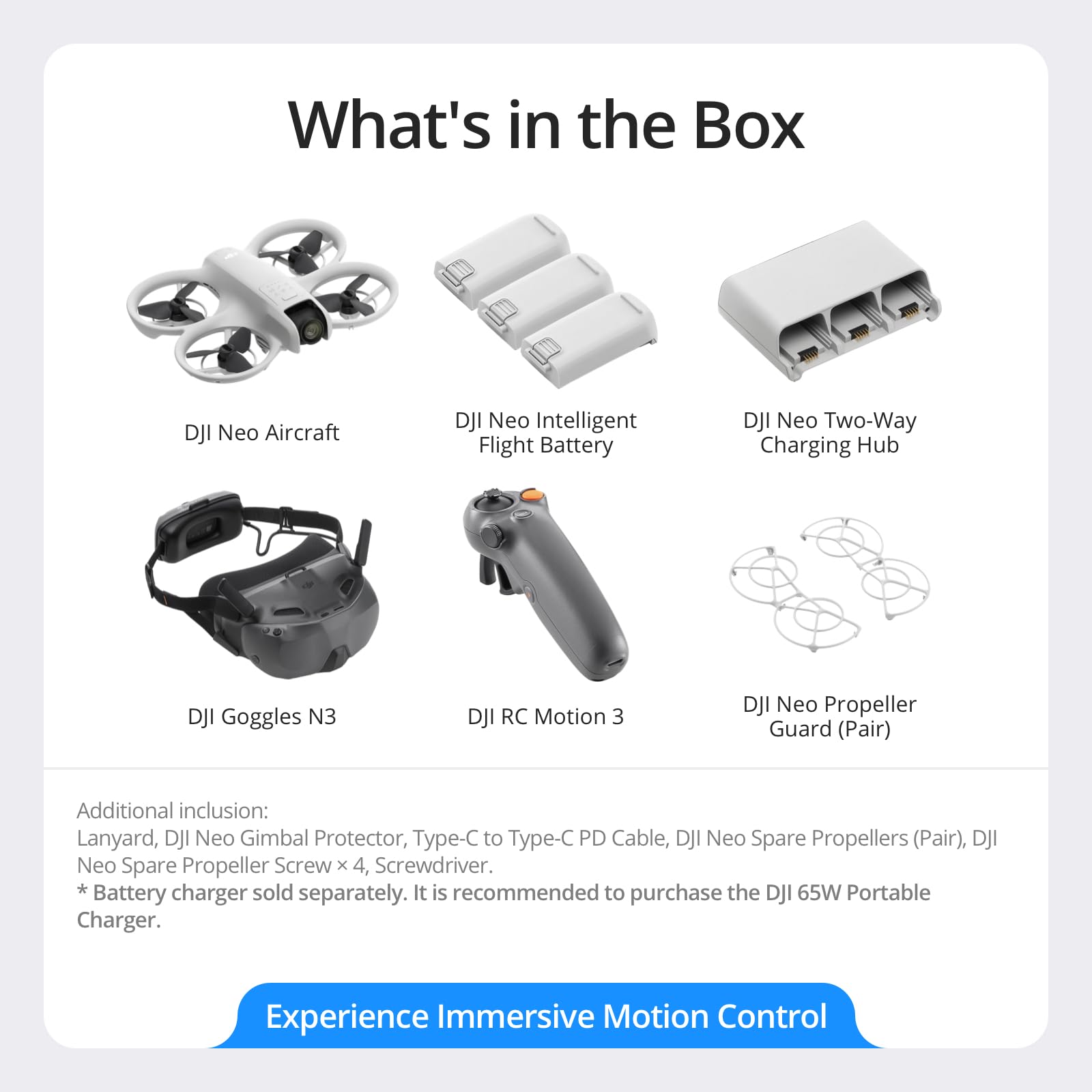 DJI Neo mini drone 4K UHD bundle including drone, batteries, charging hub, goggles, remote controller, and propeller guards