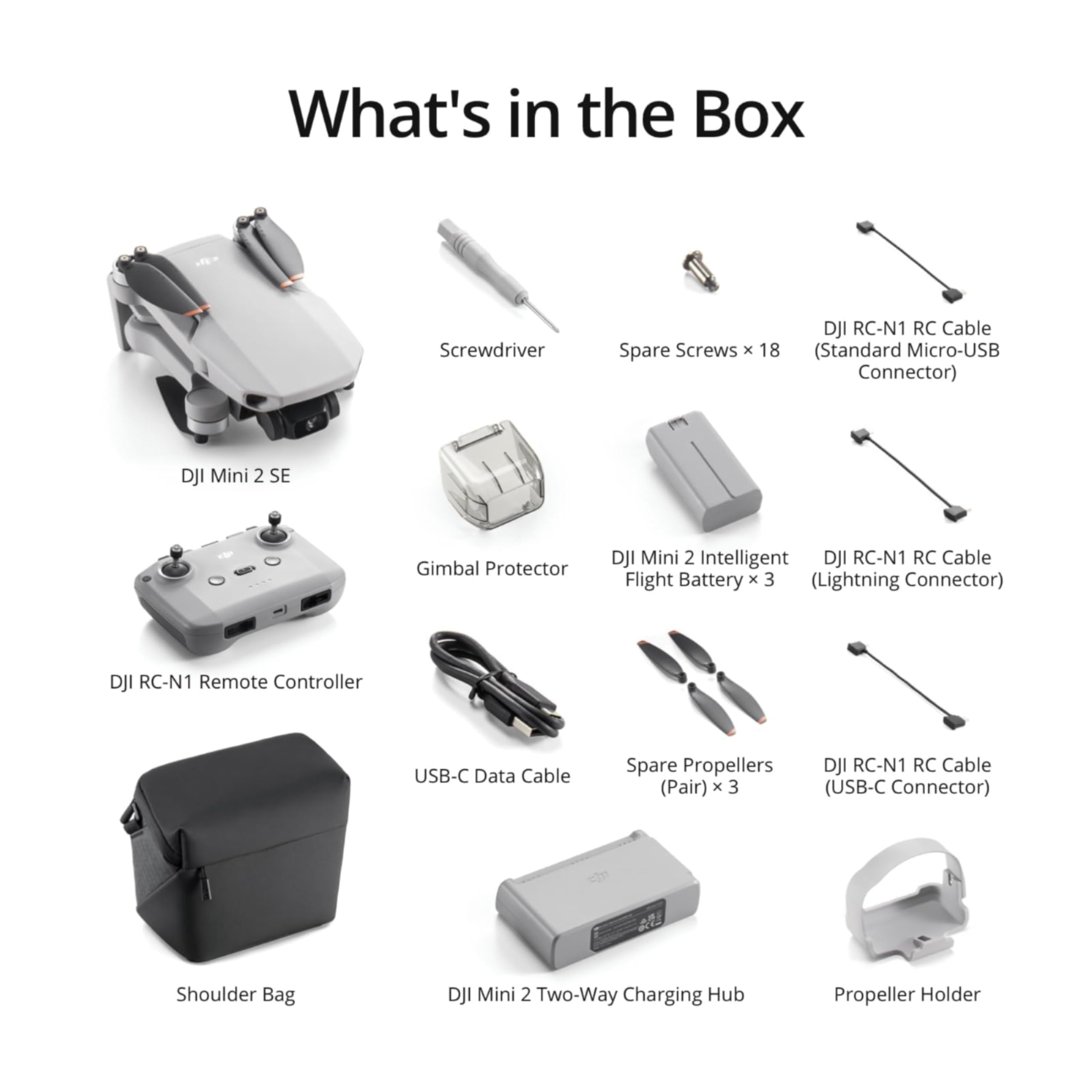 DJI Neo mini drone 4K UHD package contents including drone, remote controller, batteries, propellers, cables, screwdriver, shoulder bag, and charger hub