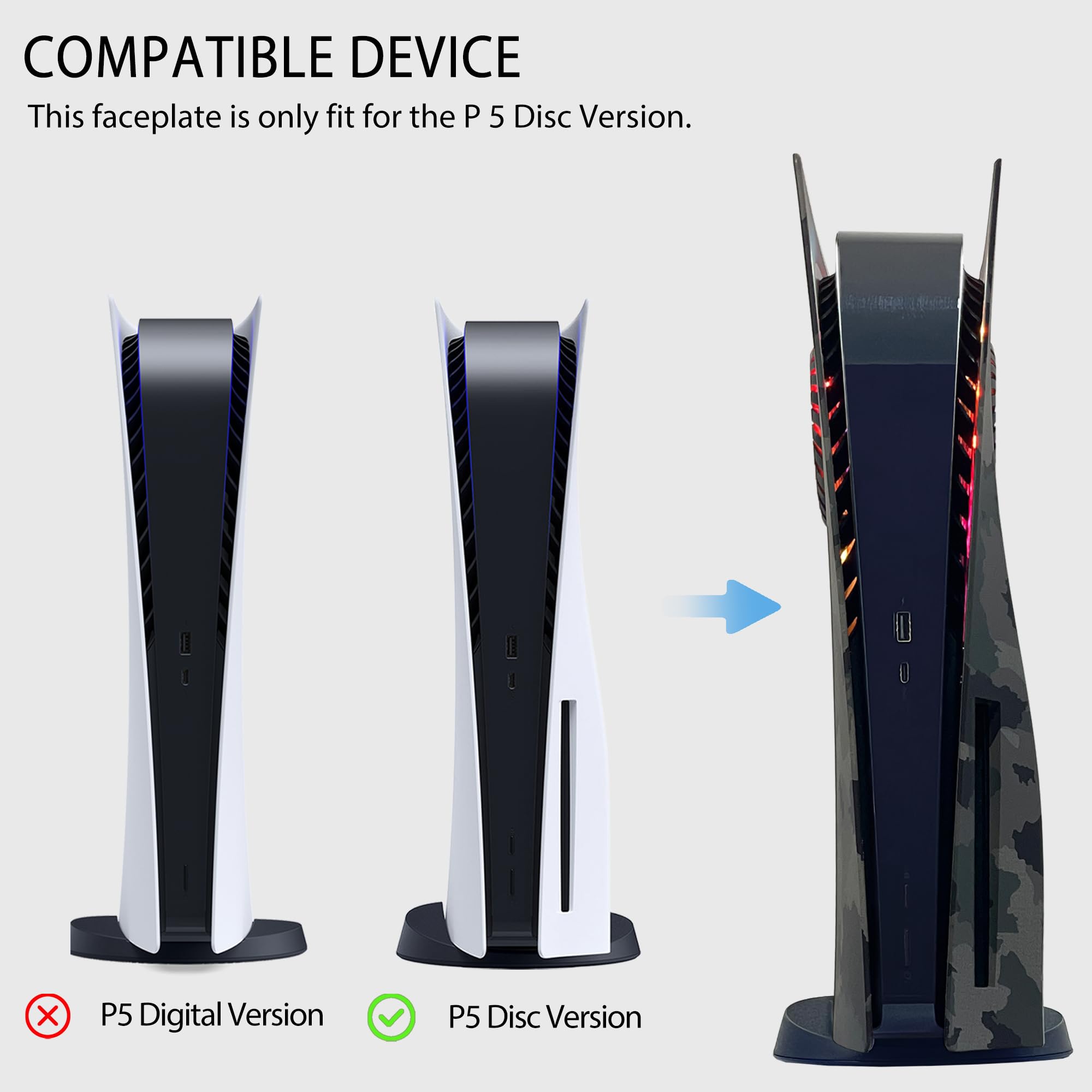 PS5 faceplate with RGB lighting designed for PS5 Disc Version, not compatible with Digital Version