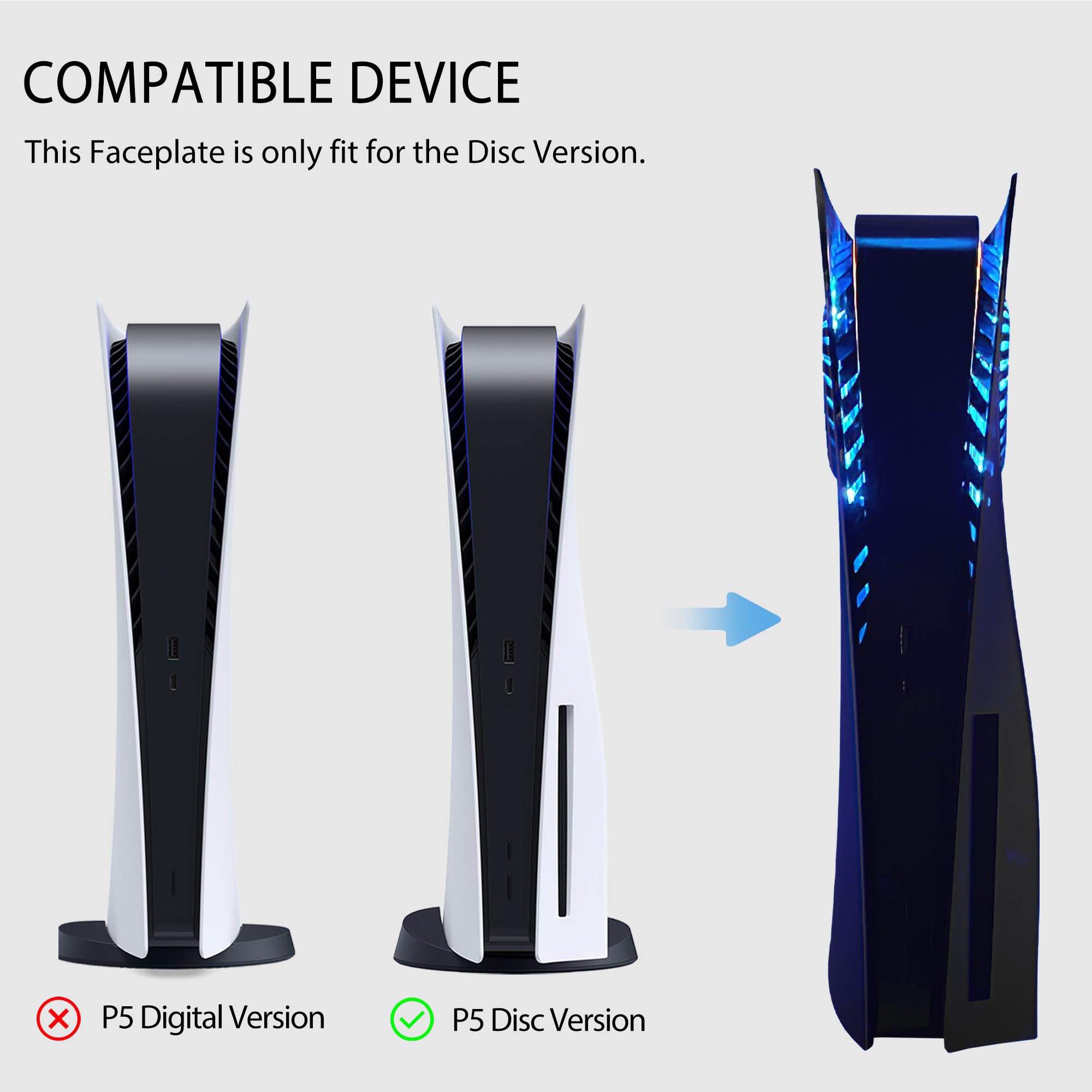 PS5 faceplate with RGB lighting compatible only with the PS5 Disc Version shown on a black console