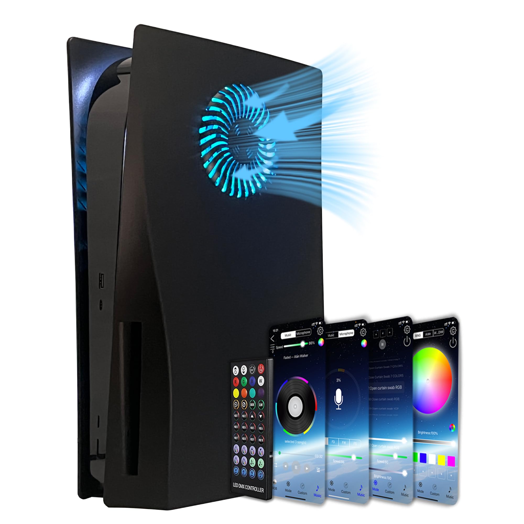 Black PS5 faceplate with RGB lighting showing customizable color options on mobile app controls