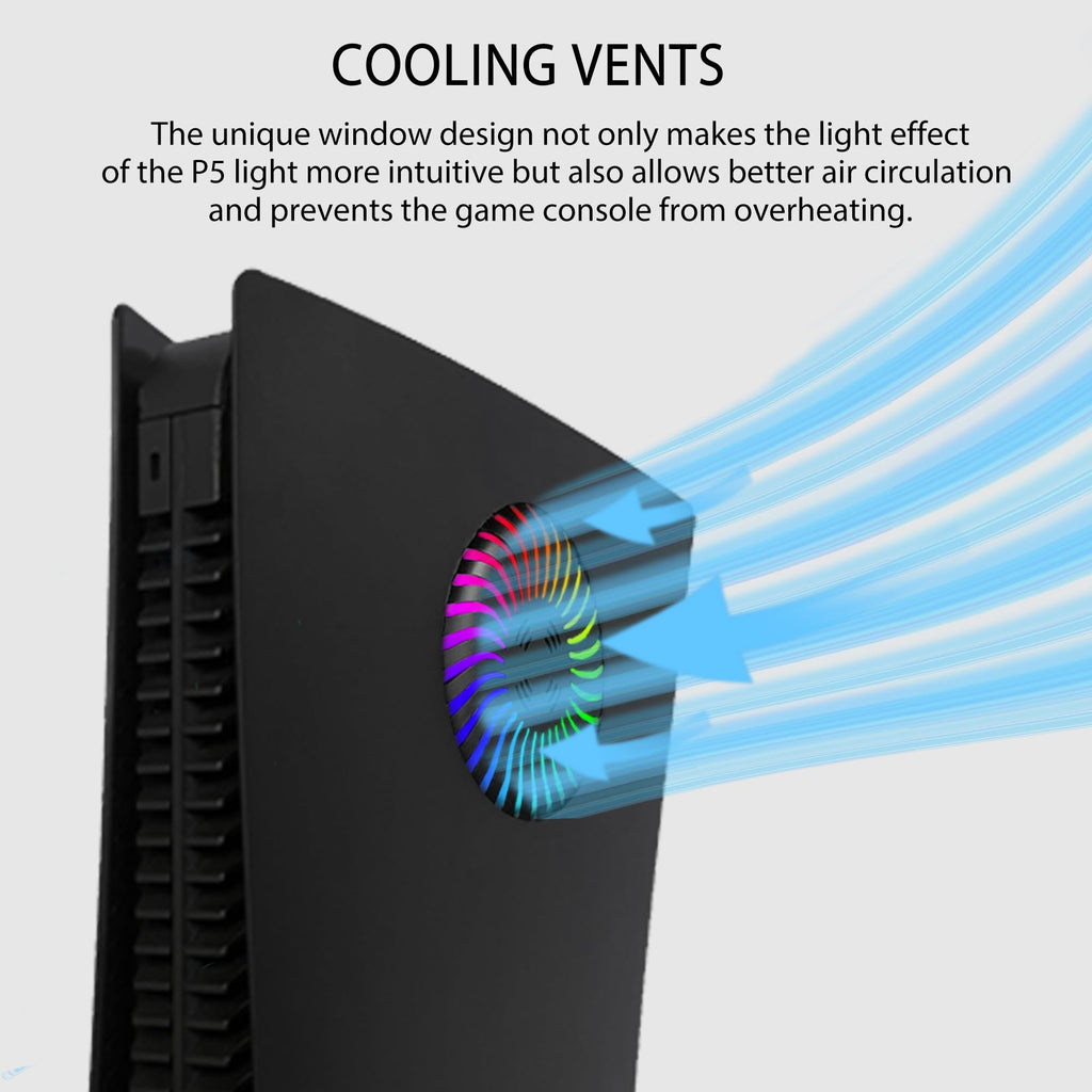 PS5 faceplate with RGB lighting showing cooling vents with airflow to prevent overheating