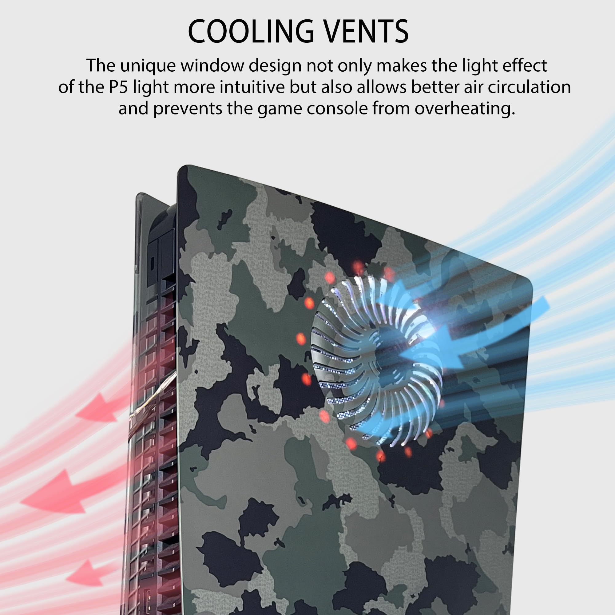 Craques PS5 faceplate with RGB lighting and camouflage design featuring cooling vents for better air circulation