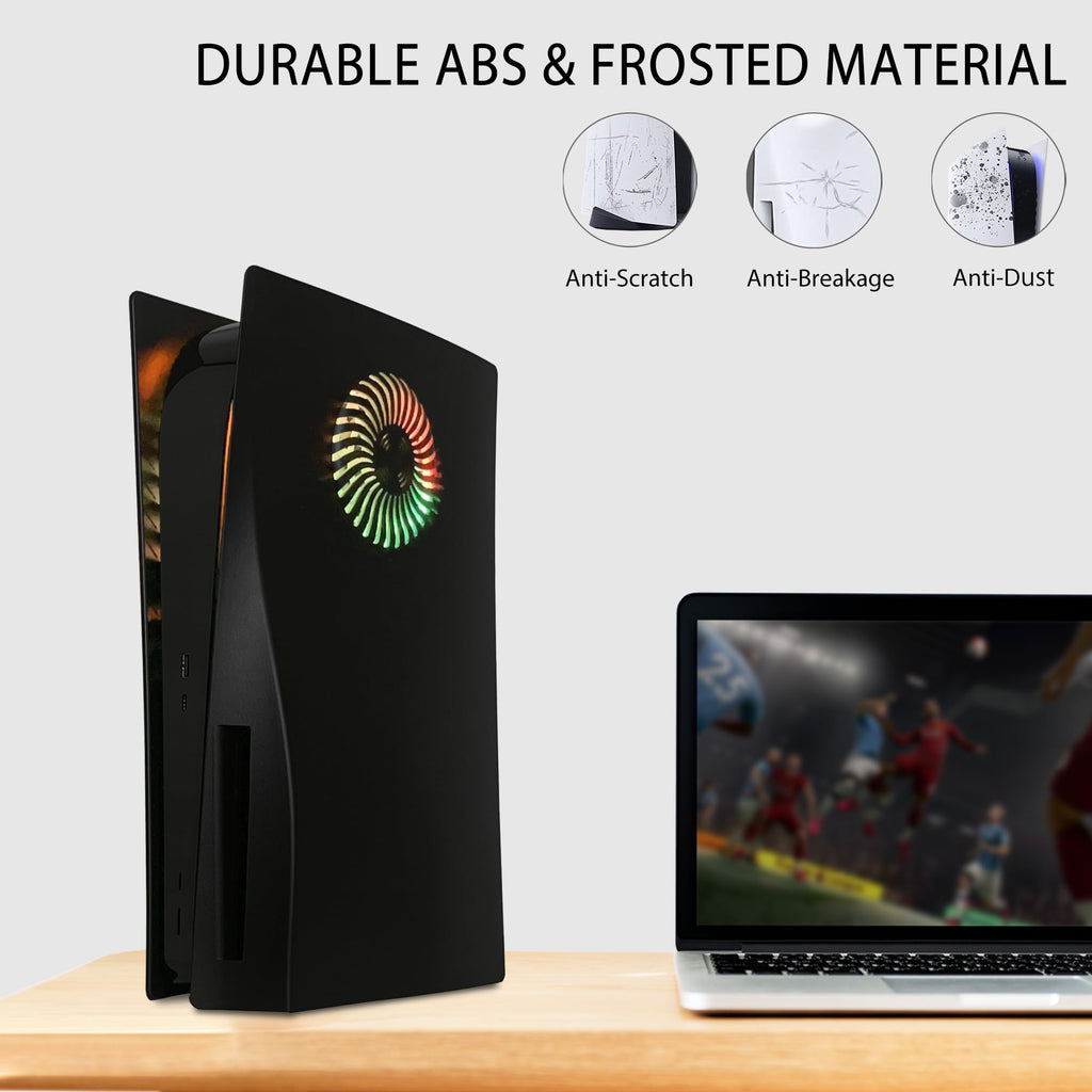 Craques PS5 faceplate with RGB lighting in black durable ABS and frosted material on a wooden table next to a laptop