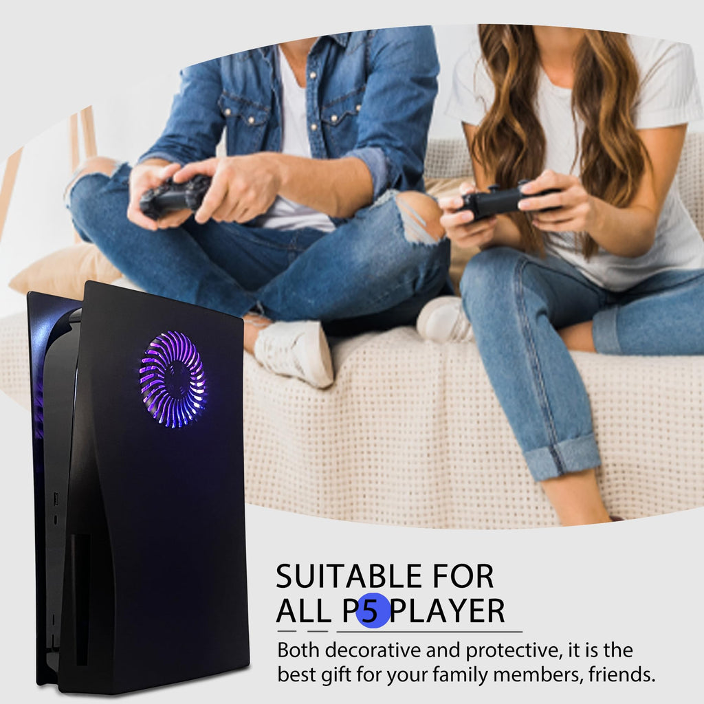 PS5 console featuring a black PS5 faceplate with RGB lighting and two people gaming on a couch
