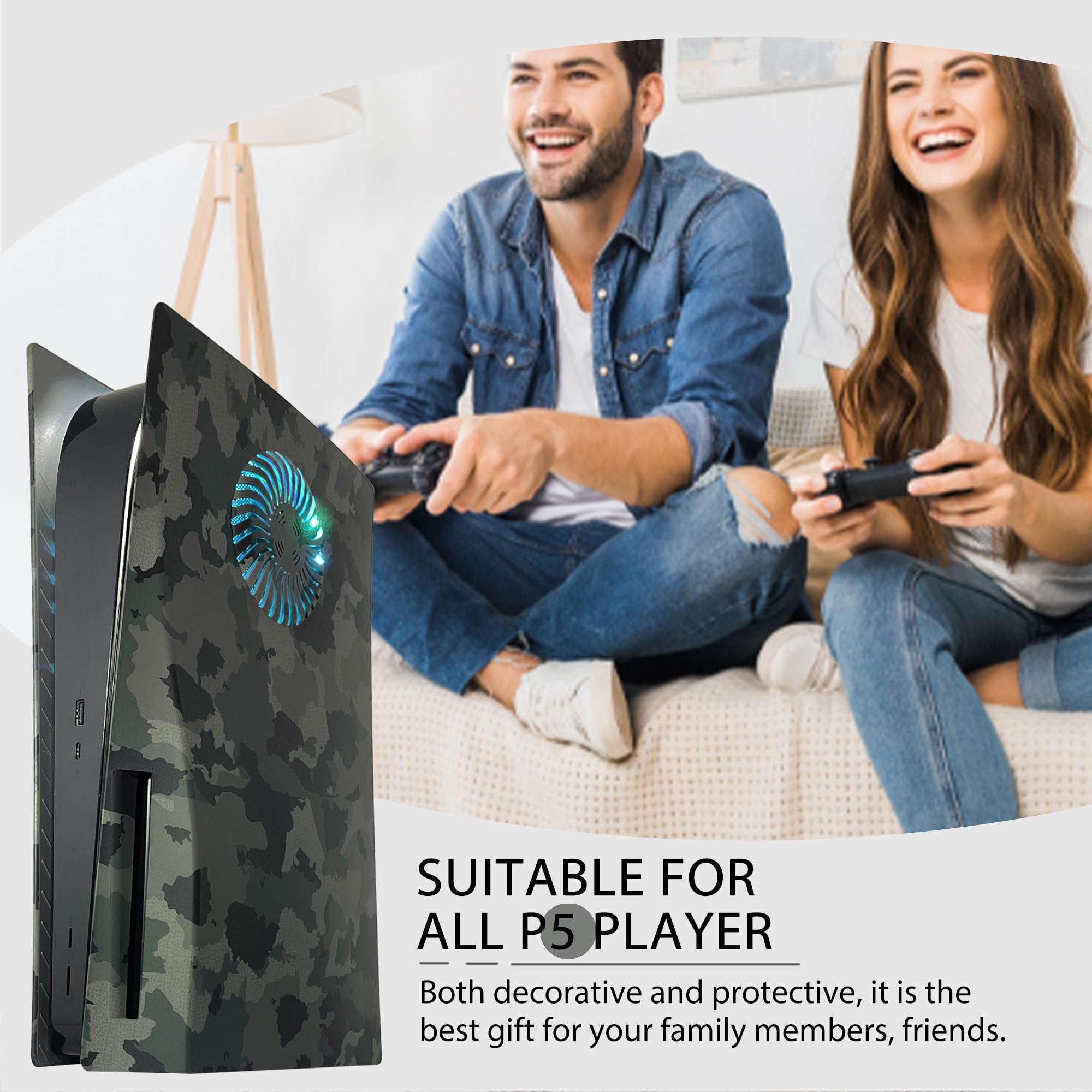 Craques PS5 faceplate with RGB lighting in black camo design shown next to two people playing video games