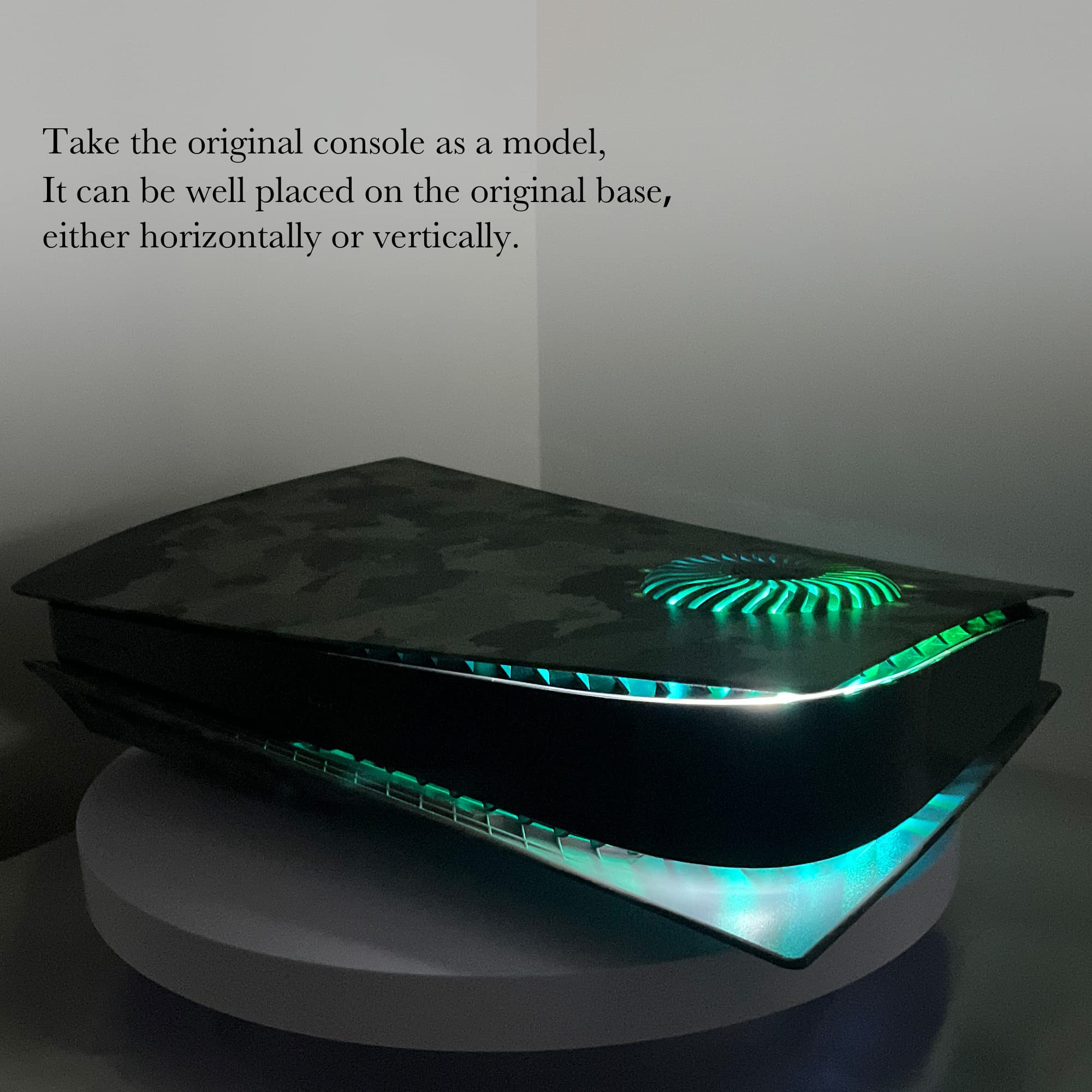 PS5 faceplate with RGB lighting in camo design placed horizontally on original console base