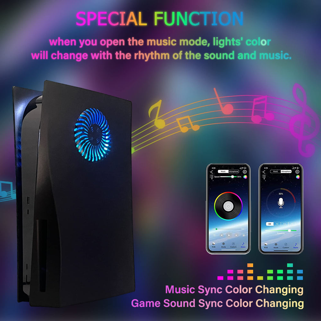 PS5 faceplate with RGB lighting showing music sync color changing feature controlled by smartphone app